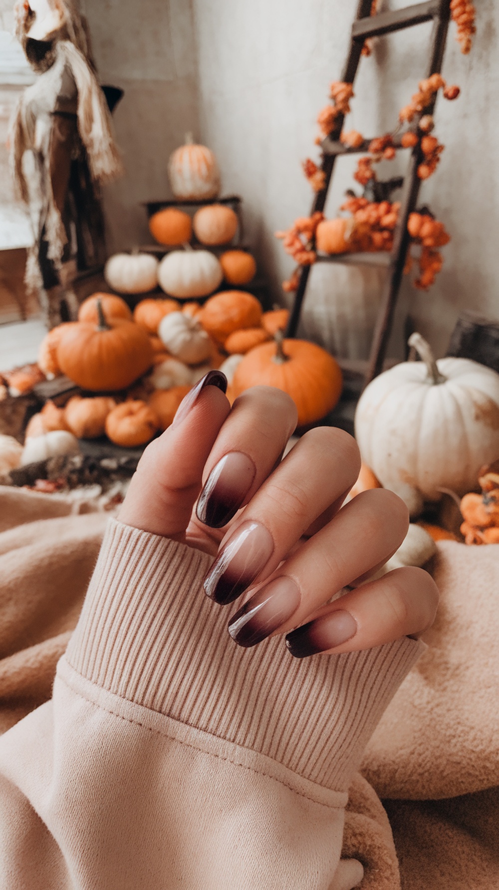 Nails with burgundy ombre effect against a backdrop of pumpkins