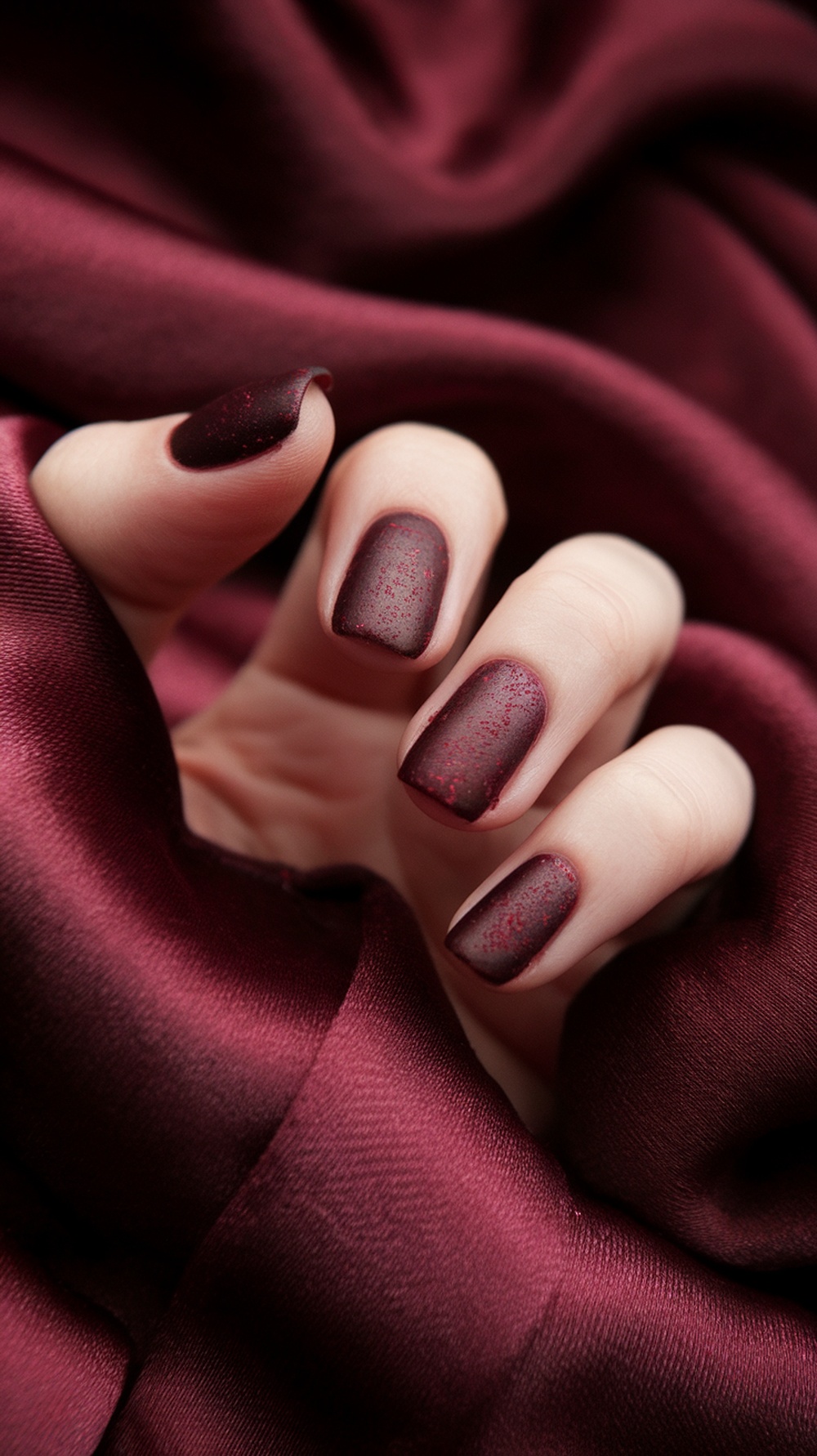 Close-up of burgundy nails with a textured matte finish against a soft burgundy fabric.