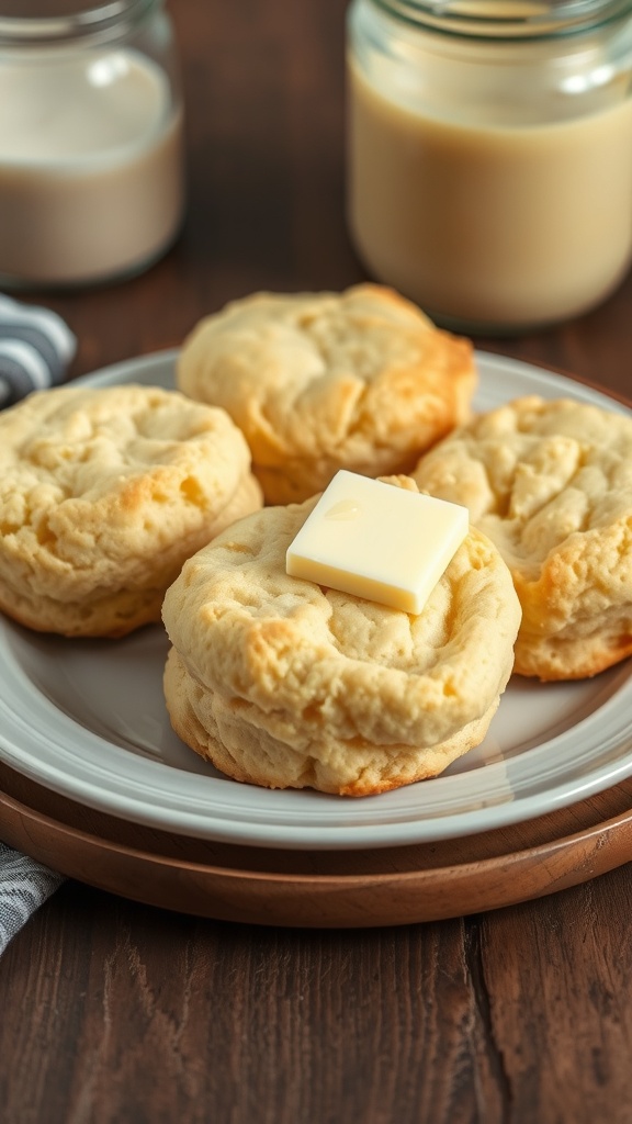 A plate of buttery and flaky sourdough biscuits topped with a pat of butter, set against a rustic wooden background.