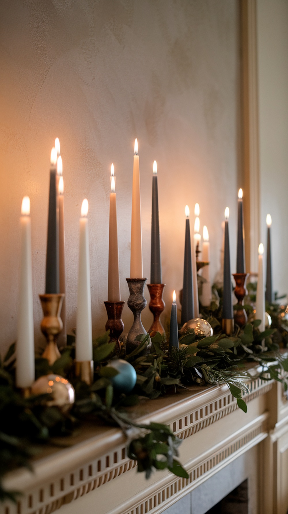 A collection of candles in various holders on a mantel, surrounded by greenery and ornaments.