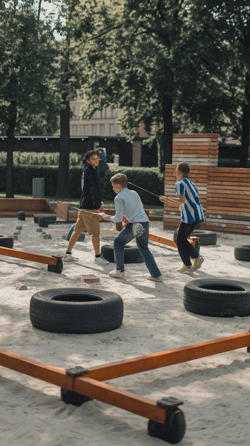 Kids playing Capture the Flag in an obstacle course with tires and wooden beams.