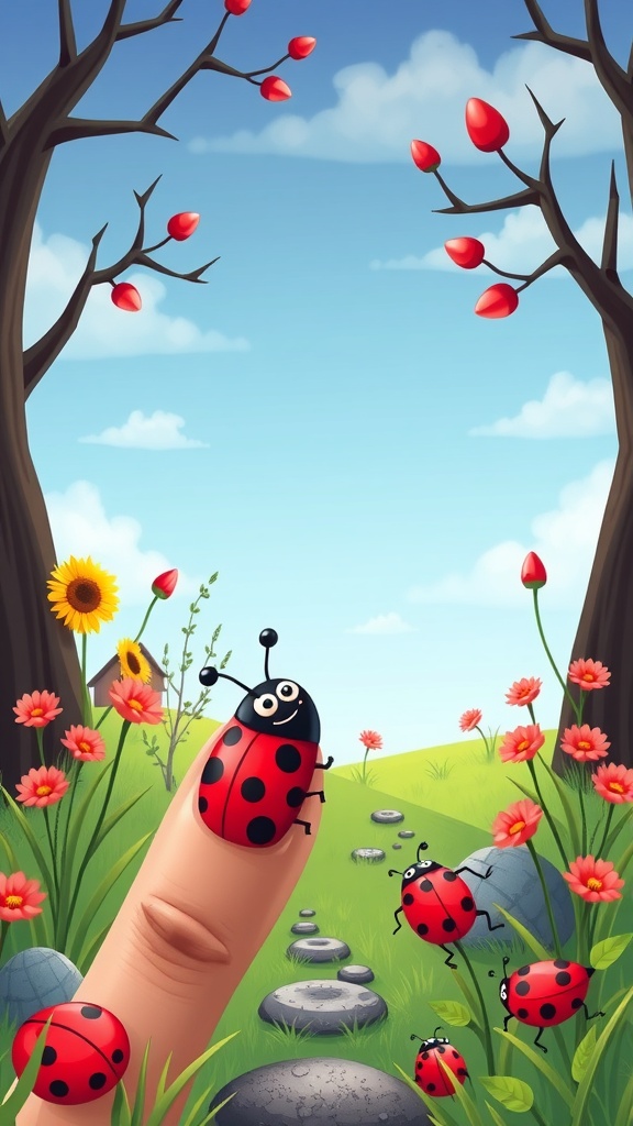 A cartoonish ladybug on a finger with a colorful garden background