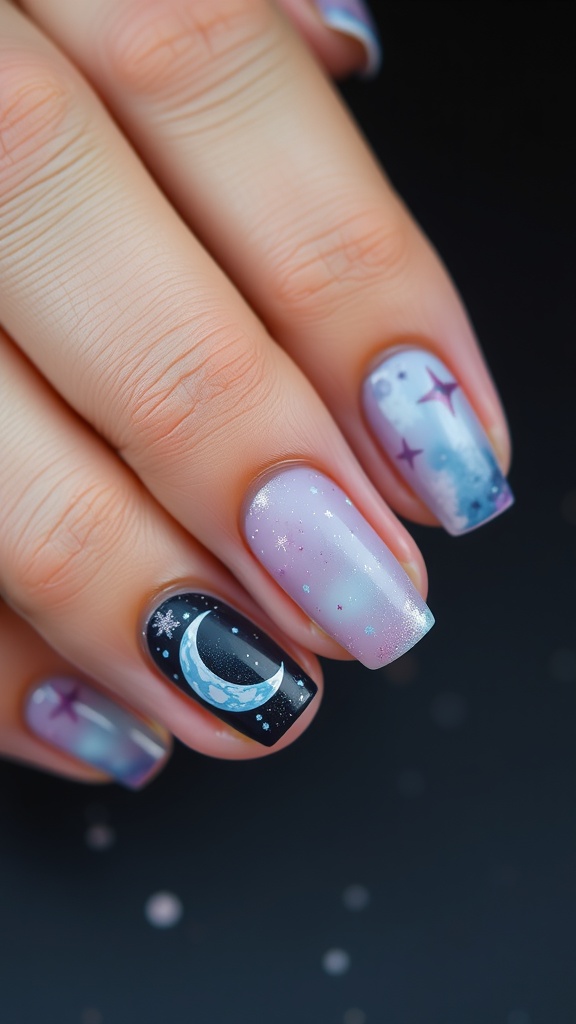 A close-up of beautifully designed celestial nails featuring stars and a crescent moon.