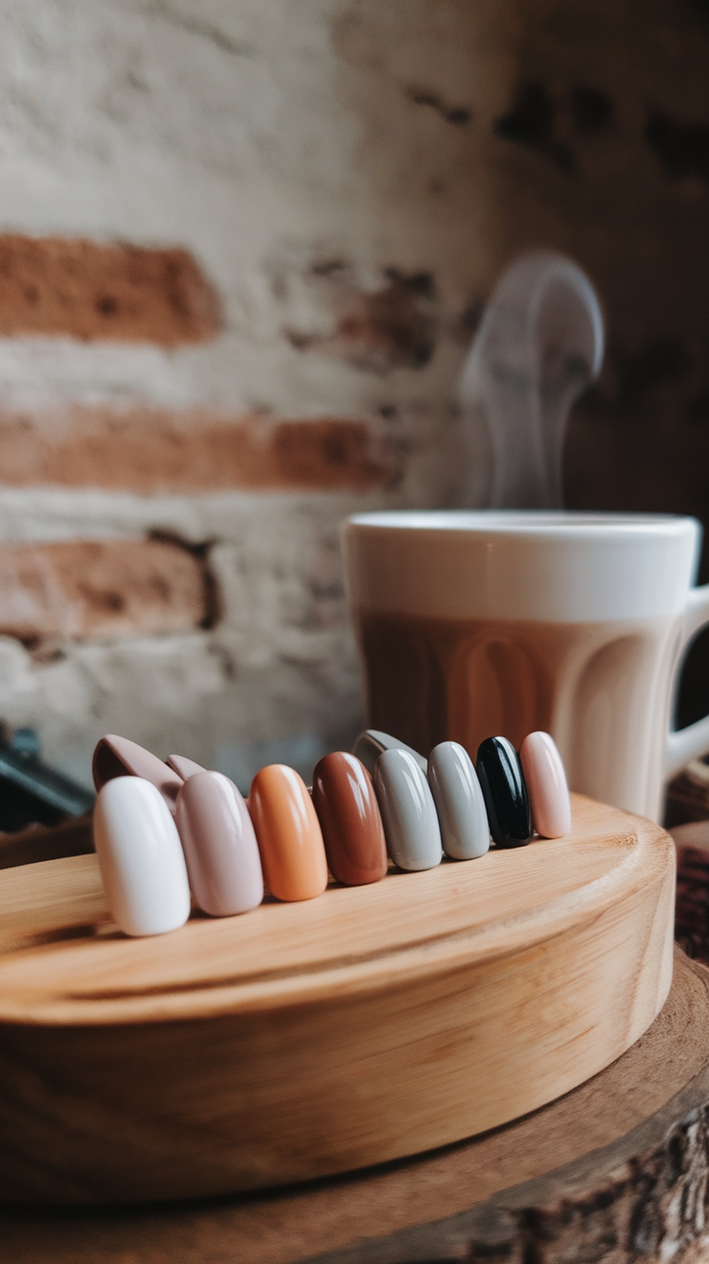Nail designs in chai latte inspired colors with a steaming cup of chai latte in the background.