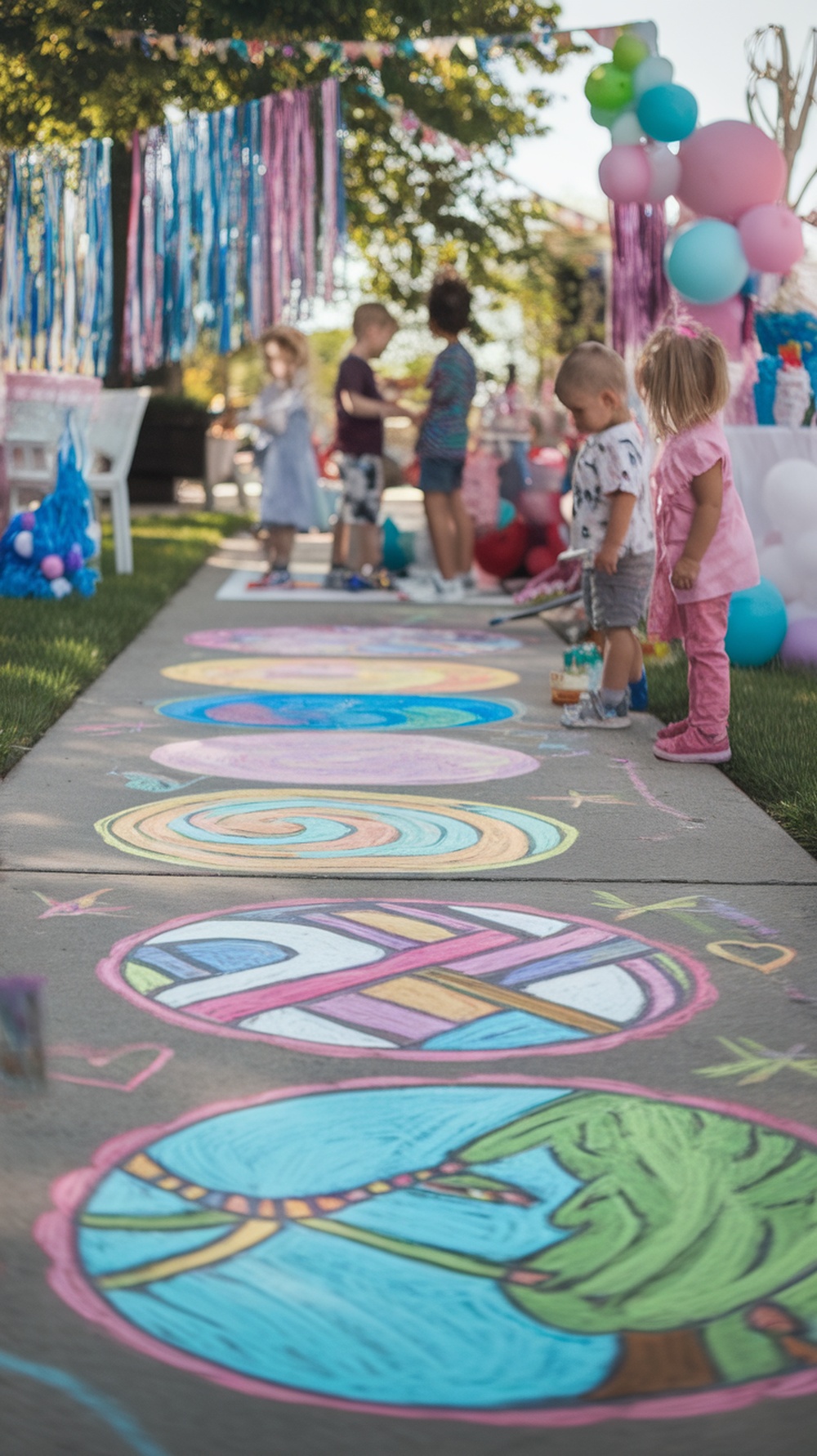Children participating in a chalk art contest at an outdoor party, creating colorful designs on the sidewalk.