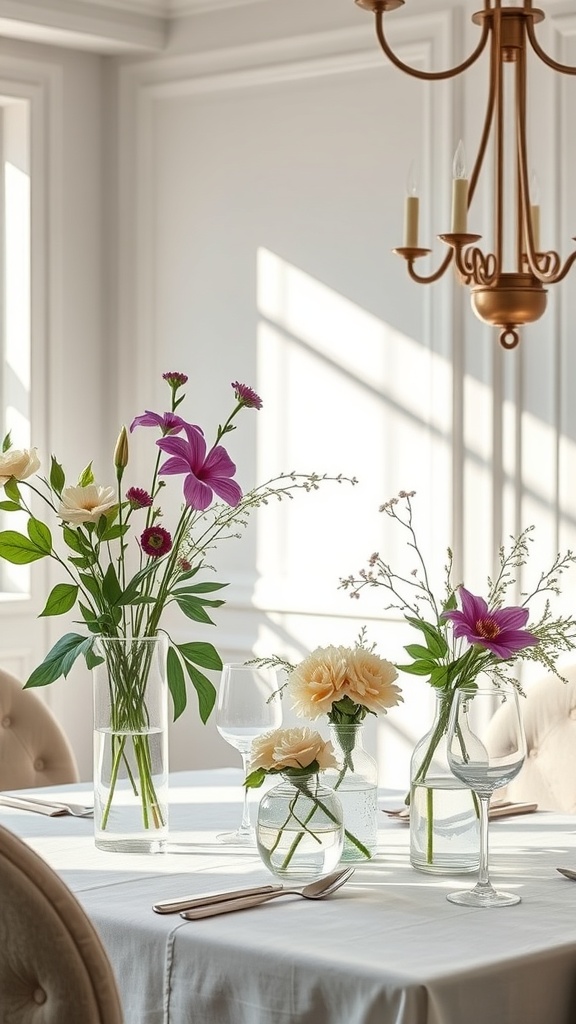 A table set with various flower arrangements in vases, showcasing vibrant blooms.