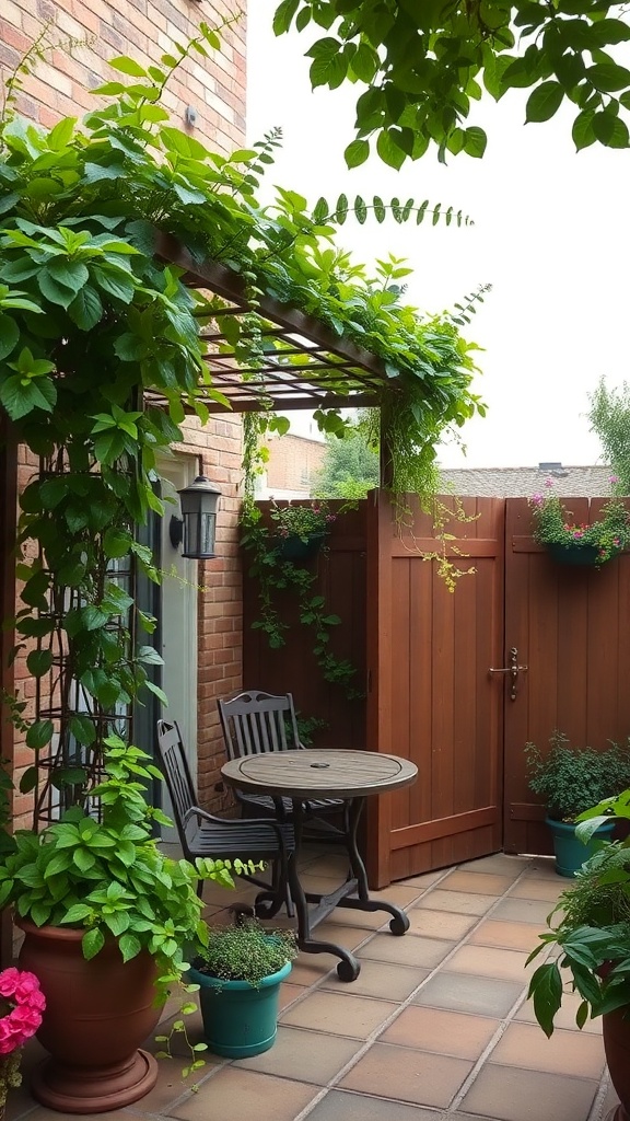 A small outdoor patio featuring a wooden trellis covered in green vines, with a round table and potted plants.