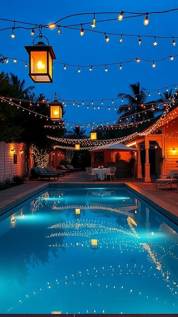 A beautifully lit pool area with lanterns and fairy lights, creating a charming atmosphere.