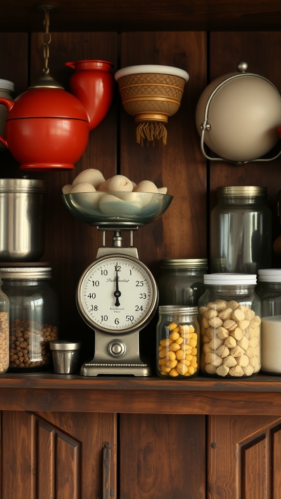 A vintage kitchen shelf displaying colorful accessories, including a red kettle, a scale, and glass jars filled with ingredients.
