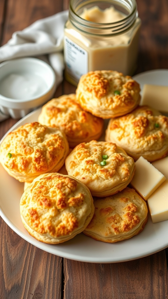 A plate of cheese and chive biscuits with cheese slices and a small bowl.