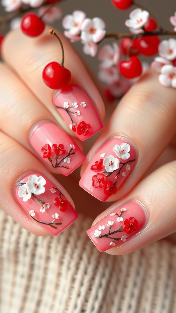 Nails painted in a cherry blossom design with pink background and floral details.