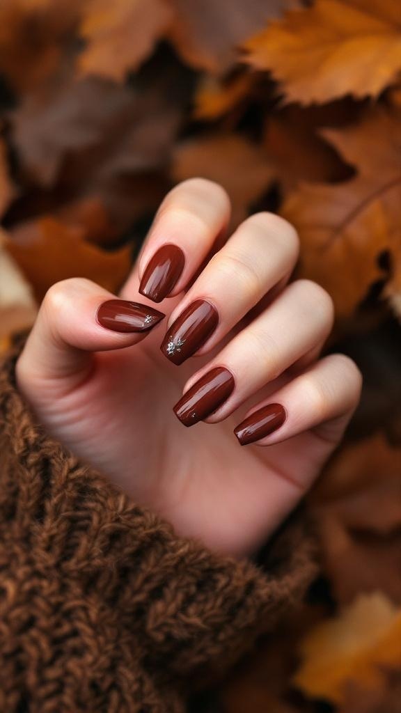 A hand with chestnut brown nails featuring a glossy finish and subtle sparkle, resting on a bed of autumn leaves.