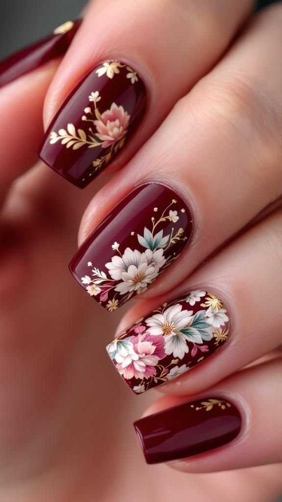 Dark cherry red nails with floral designs and gold accents