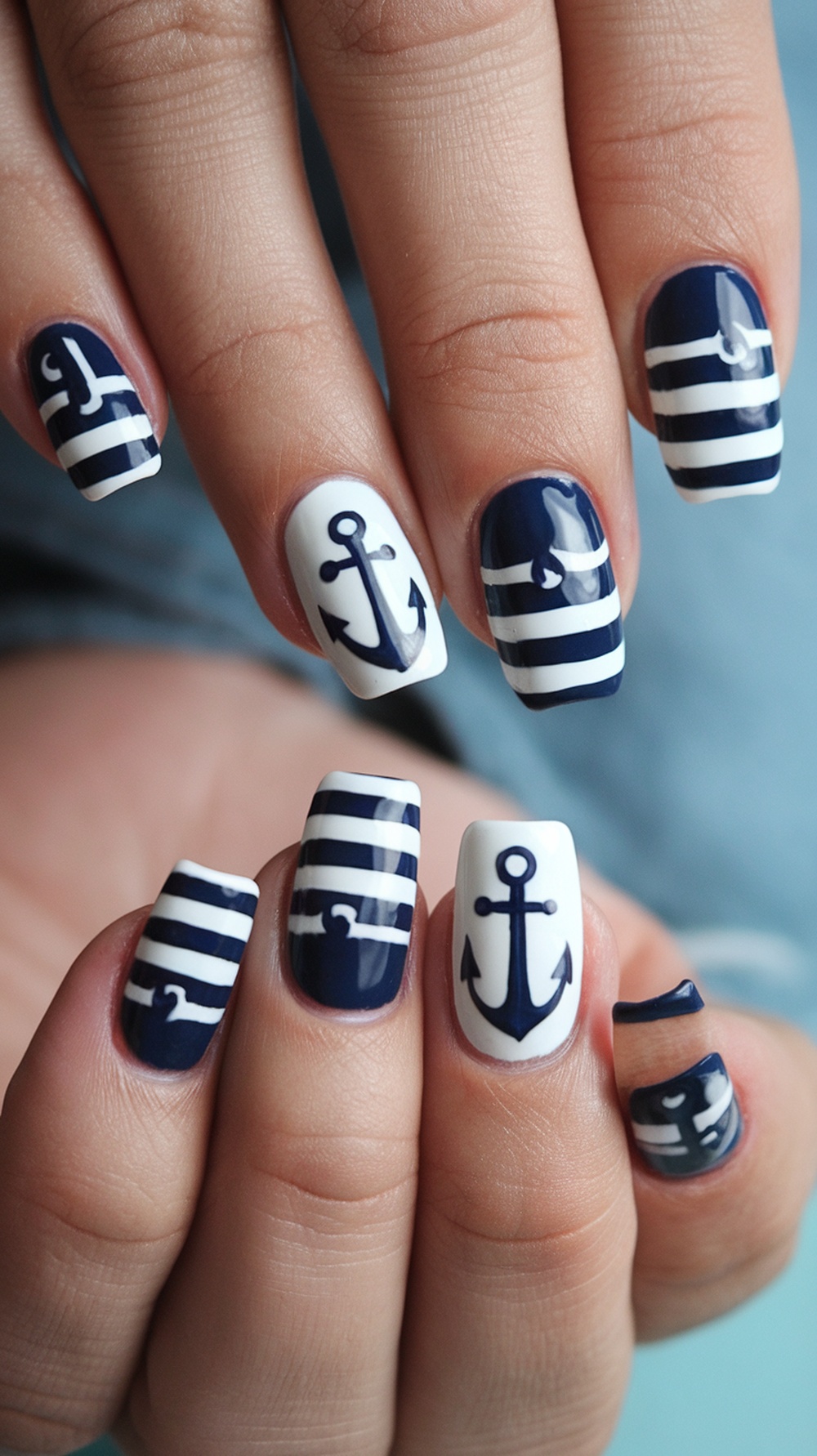 Nautical themed nail design featuring navy blue and white colors with anchor and stripe patterns.