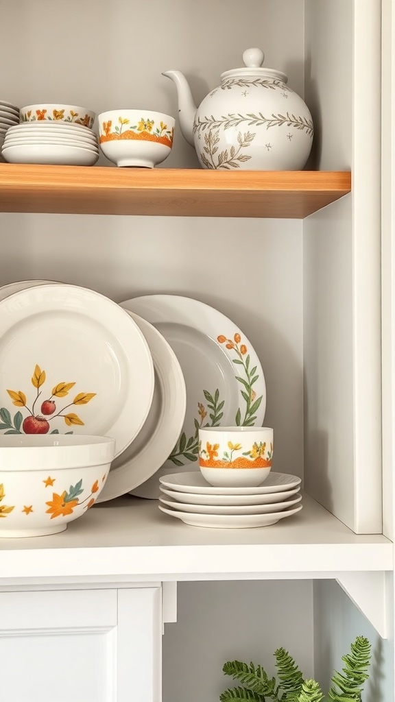 A stylish kitchen shelf displaying seasonal tableware including plates, bowls, and a teapot with floral designs.