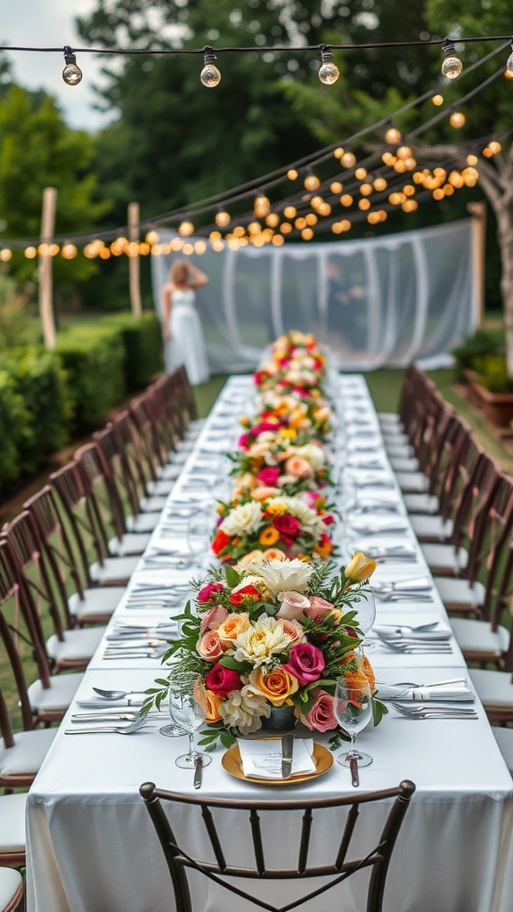Outdoor table set up with floral centerpieces and string lights