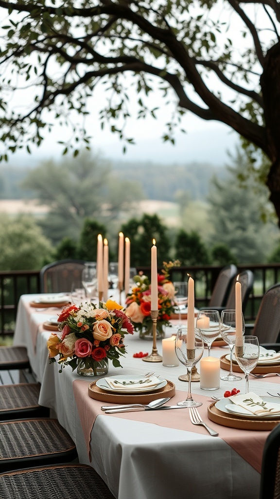 Chic outdoor dining table set up with floral centerpieces and candles