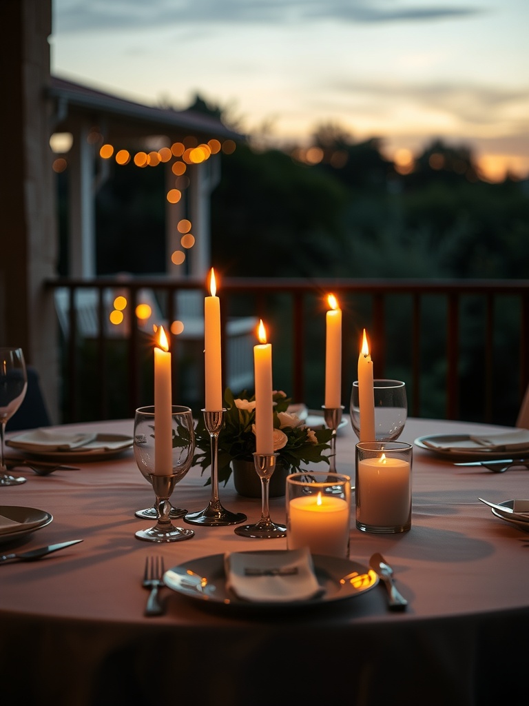 A beautifully set outdoor dining table with tall white candles and a small floral arrangement, illuminated by soft candlelight against a sunset backdrop.