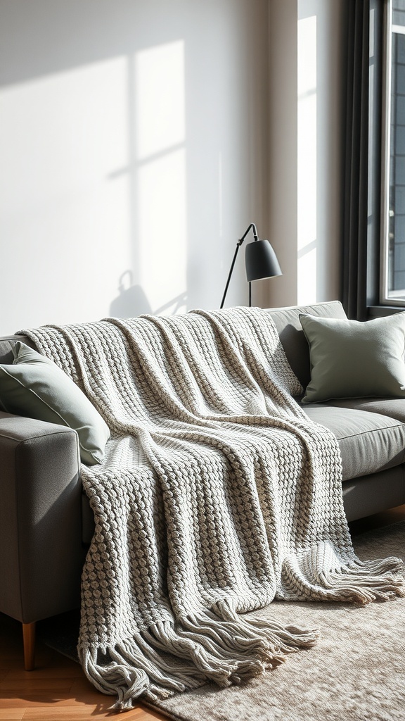 A stylish sofa with a textured blanket and pillows, showcasing a cozy indoor setting.
