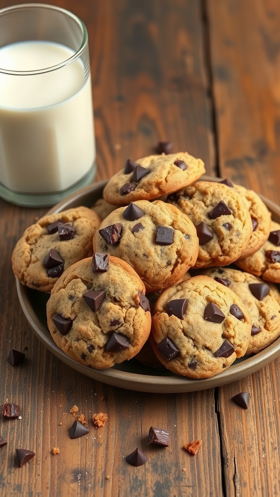 A plate of chocolate chunk sourdough cookies with a glass of milk