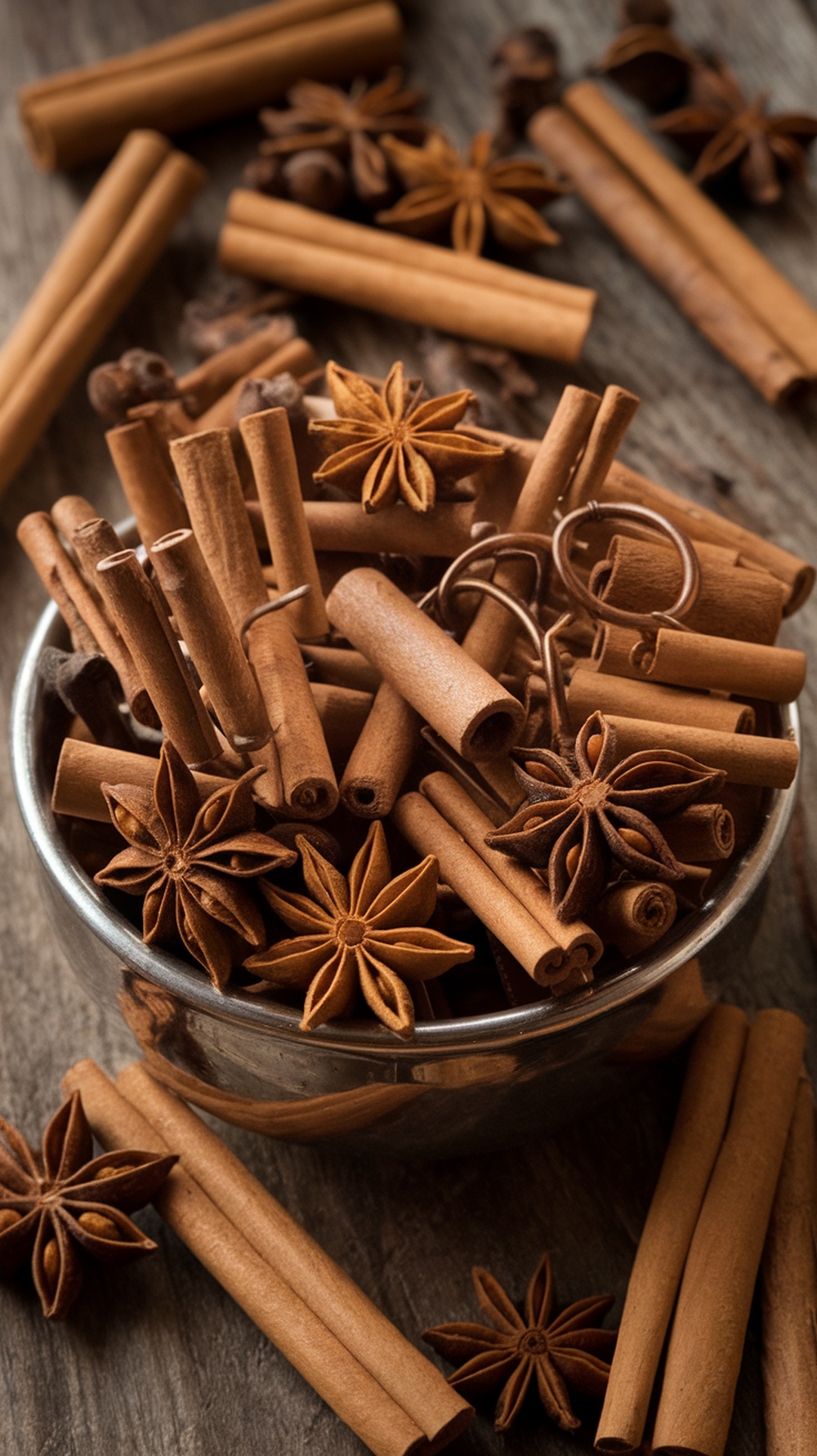 A collection of cinnamon sticks and star anise arranged in a bowl.