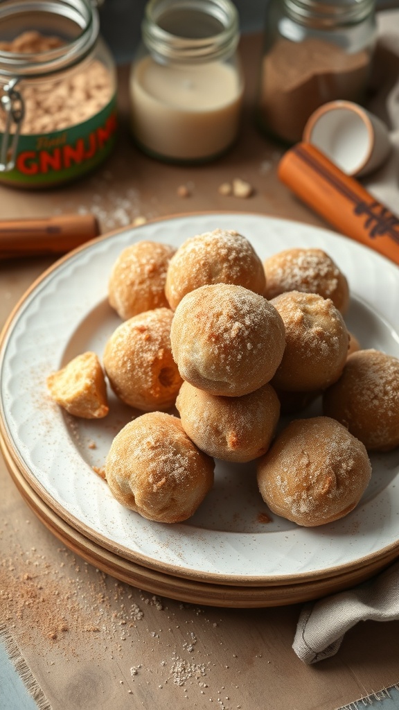 A plate of cinnamon sugar sourdough donut holes surrounded by jars of cinnamon and sugar.
