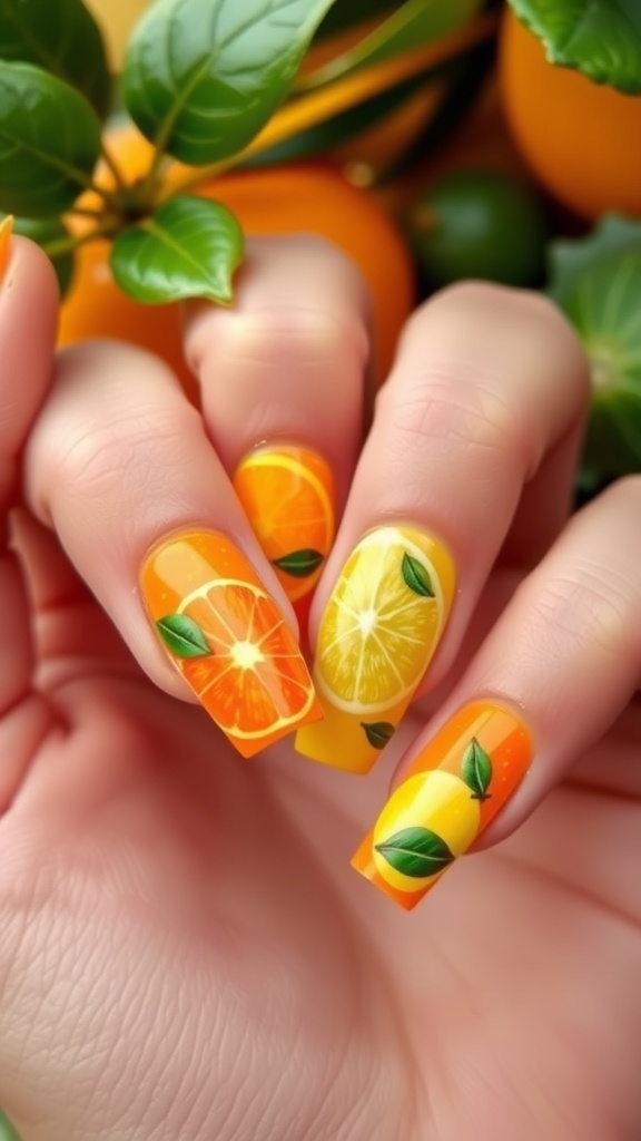Nail art featuring citrus designs with orange and lemon slices on a colorful background