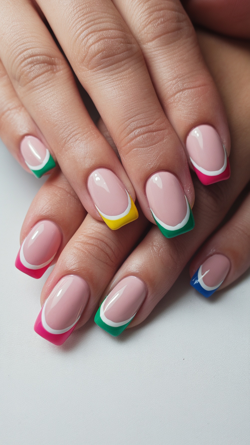 Colorful French tip nail design with pink, green, yellow, and blue tips on a nude base.