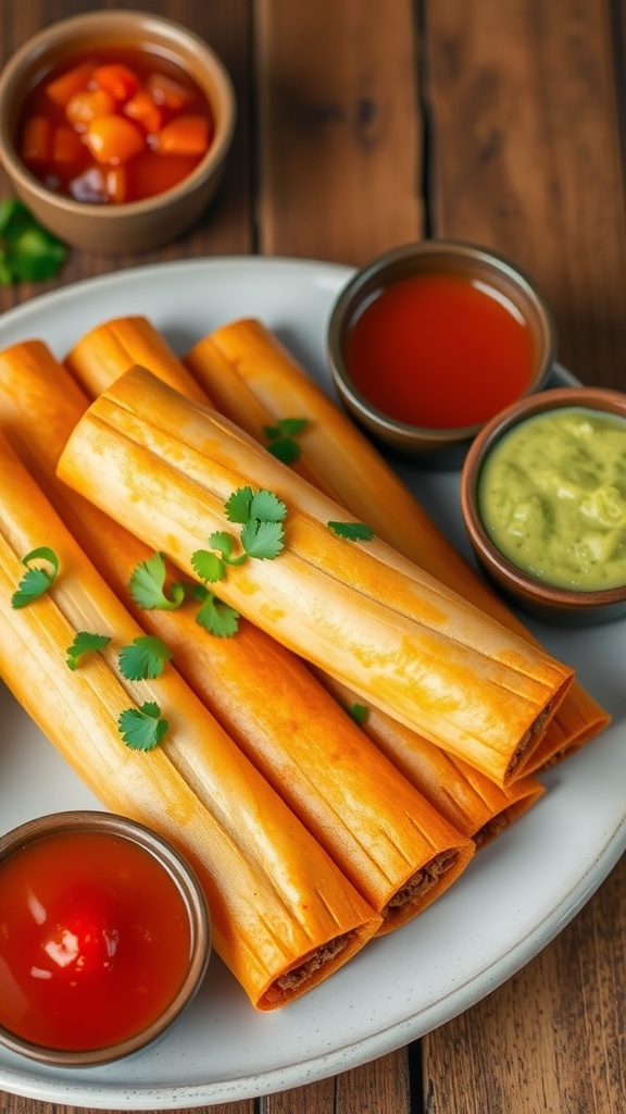 Plate of classic ground beef taquitos with dipping sauces