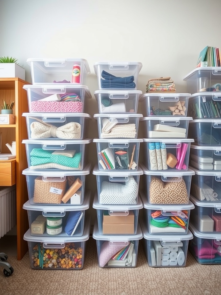 A well-organized craft room with clear storage containers stacked neatly, showcasing various craft supplies.