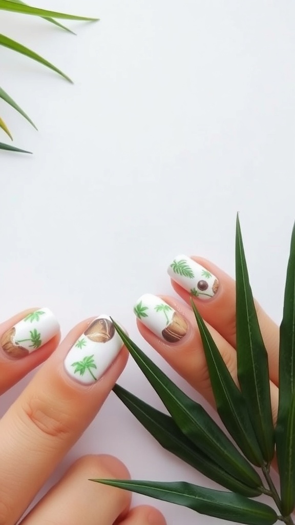 Nail design featuring coconut and palm tree motifs on a white background