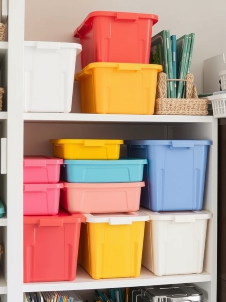 Color-coded storage bins arranged on a shelf in a craft room