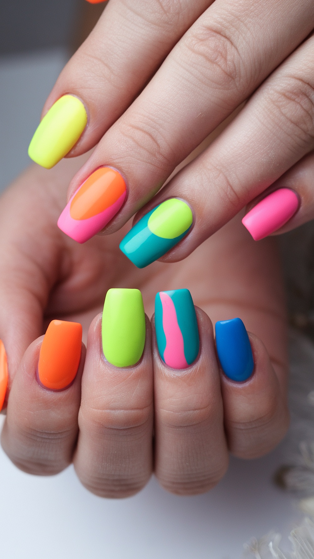 Color blocked summer nail designs featuring neon shades of pink, orange, green, and blue.
