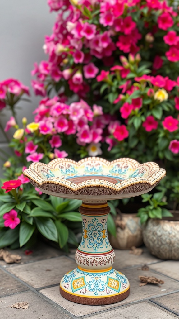 A colorful ceramic birdbath surrounded by blooming flowers.