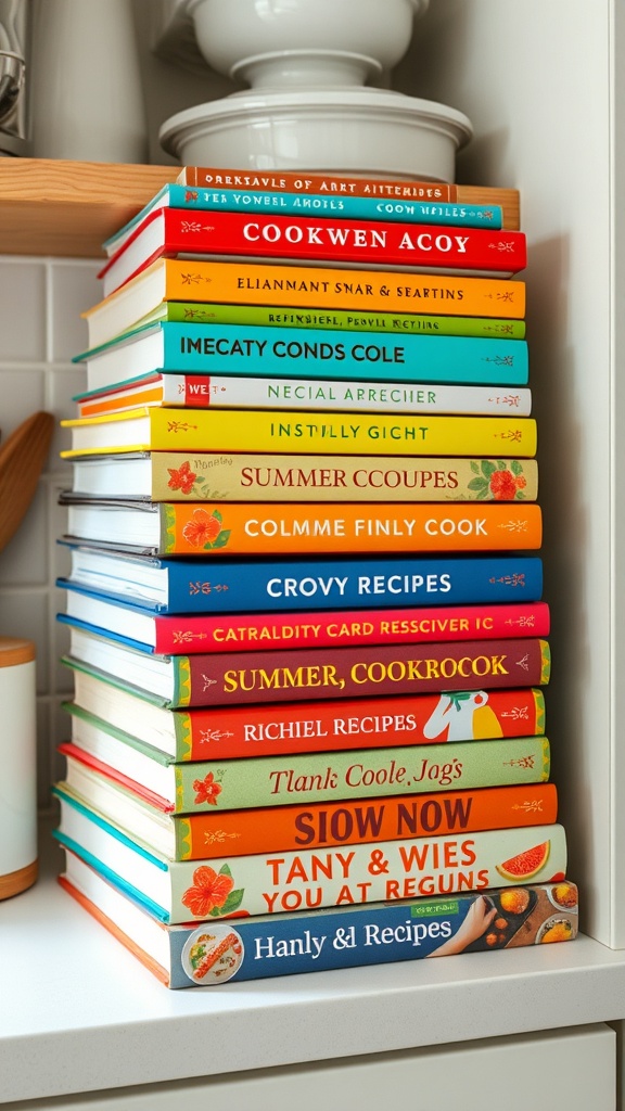 A colorful stack of cookbooks on a kitchen shelf, showcasing vibrant titles and inviting designs.