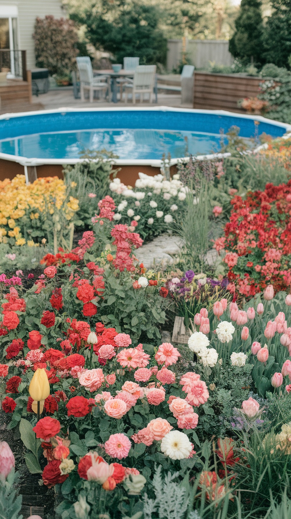 Colorful flower beds surrounding an above-ground pool, featuring various flowers in red, pink, yellow, and white.