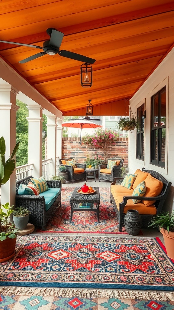 A colorful outdoor patio with vibrant rugs, plants, and cozy seating.