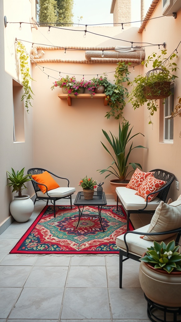 A cozy outdoor patio featuring a colorful rug, comfortable seating, and potted plants.