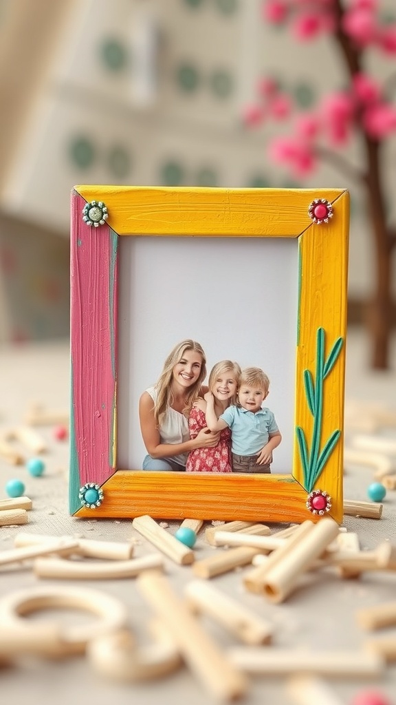 A colorful popsicle stick picture frame displaying a happy family photo.
