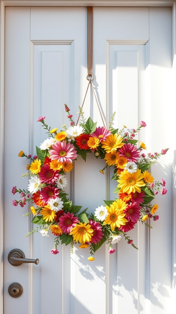 A colorful floral wreath hanging on a white front door.