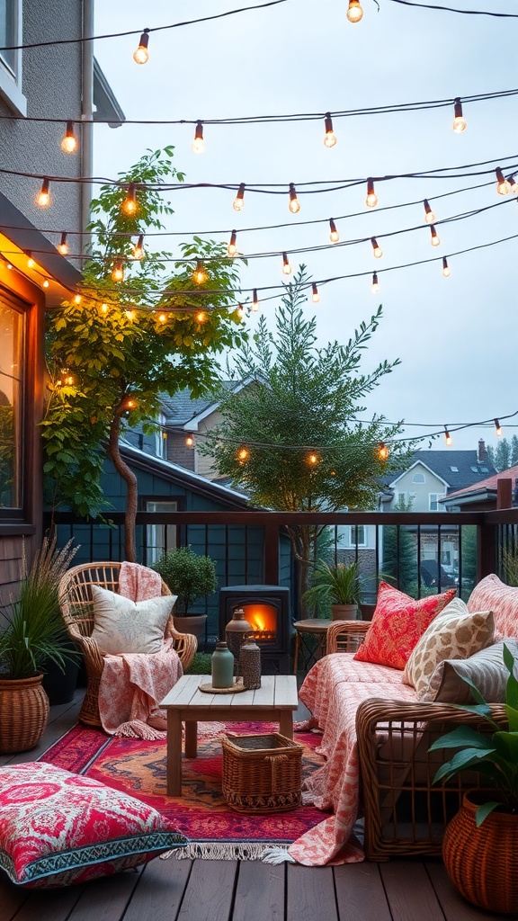 Cozy outdoor seating area with string lights, cushions, and a small table.