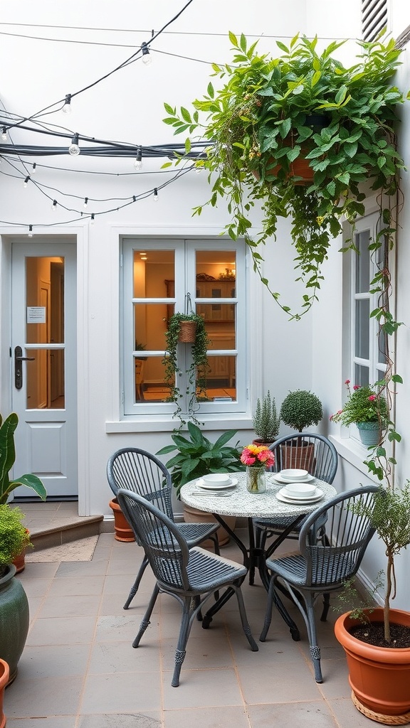 A small outdoor patio with a round dining table and four chairs, surrounded by plants and string lights.