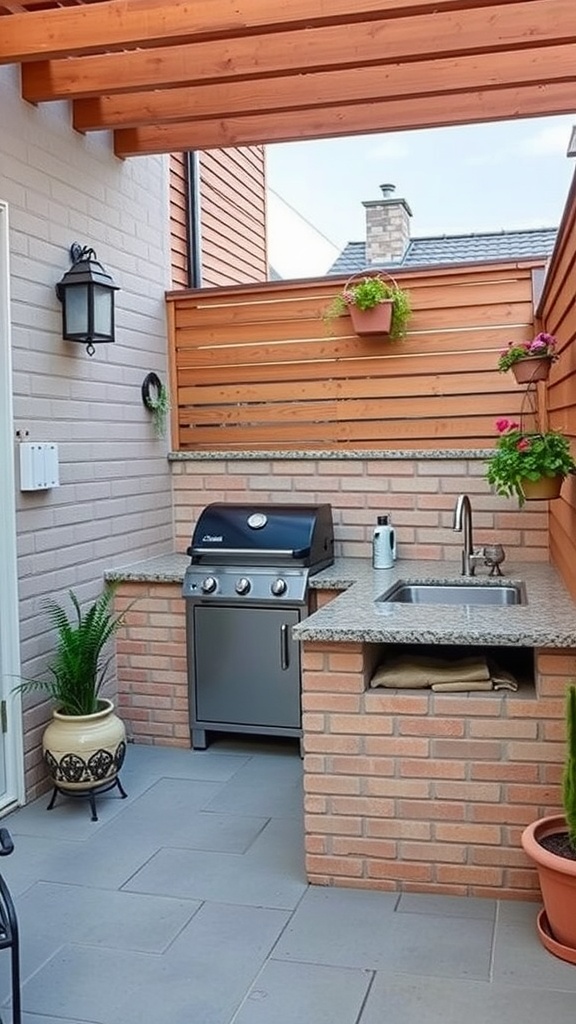 Compact outdoor kitchen with a grill, granite countertop, and plants