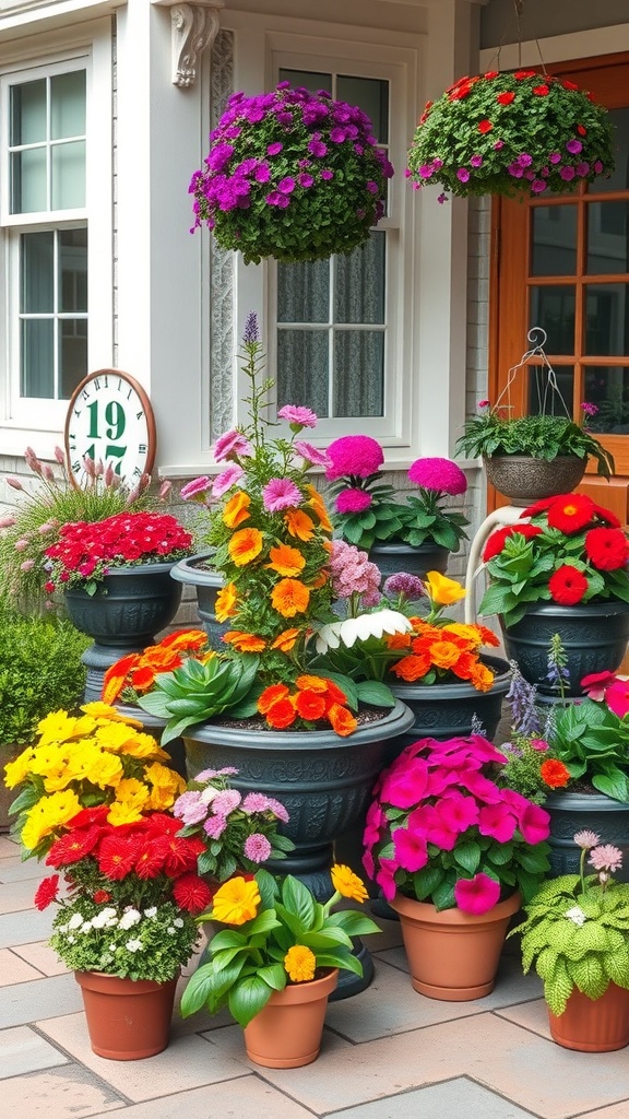 A vibrant display of colorful flowers in various containers, including hanging baskets and potted plants.