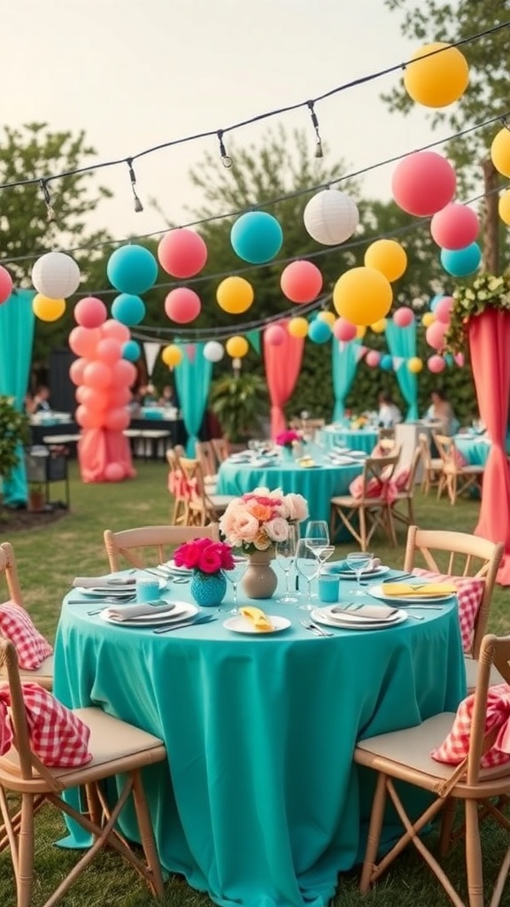 An outdoor party setup with teal tablecloths, colorful balloons, and floral centerpieces.