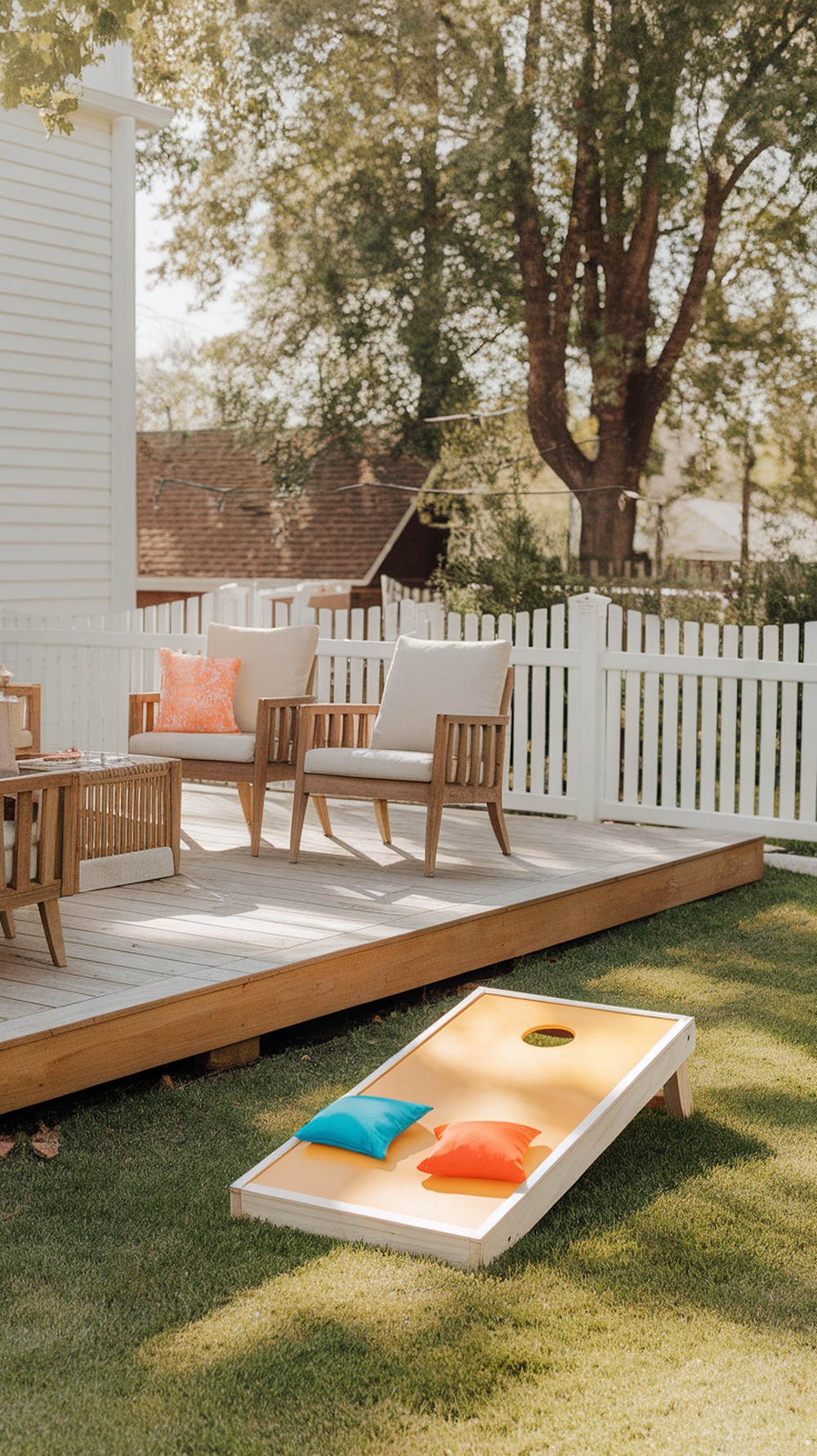 A cornhole setup with colorful bags on a grassy area, surrounded by seating.