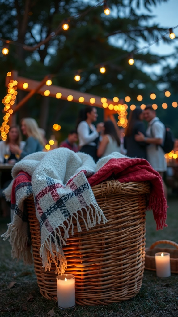 A basket filled with cozy blankets and candles, set up for an outdoor party.