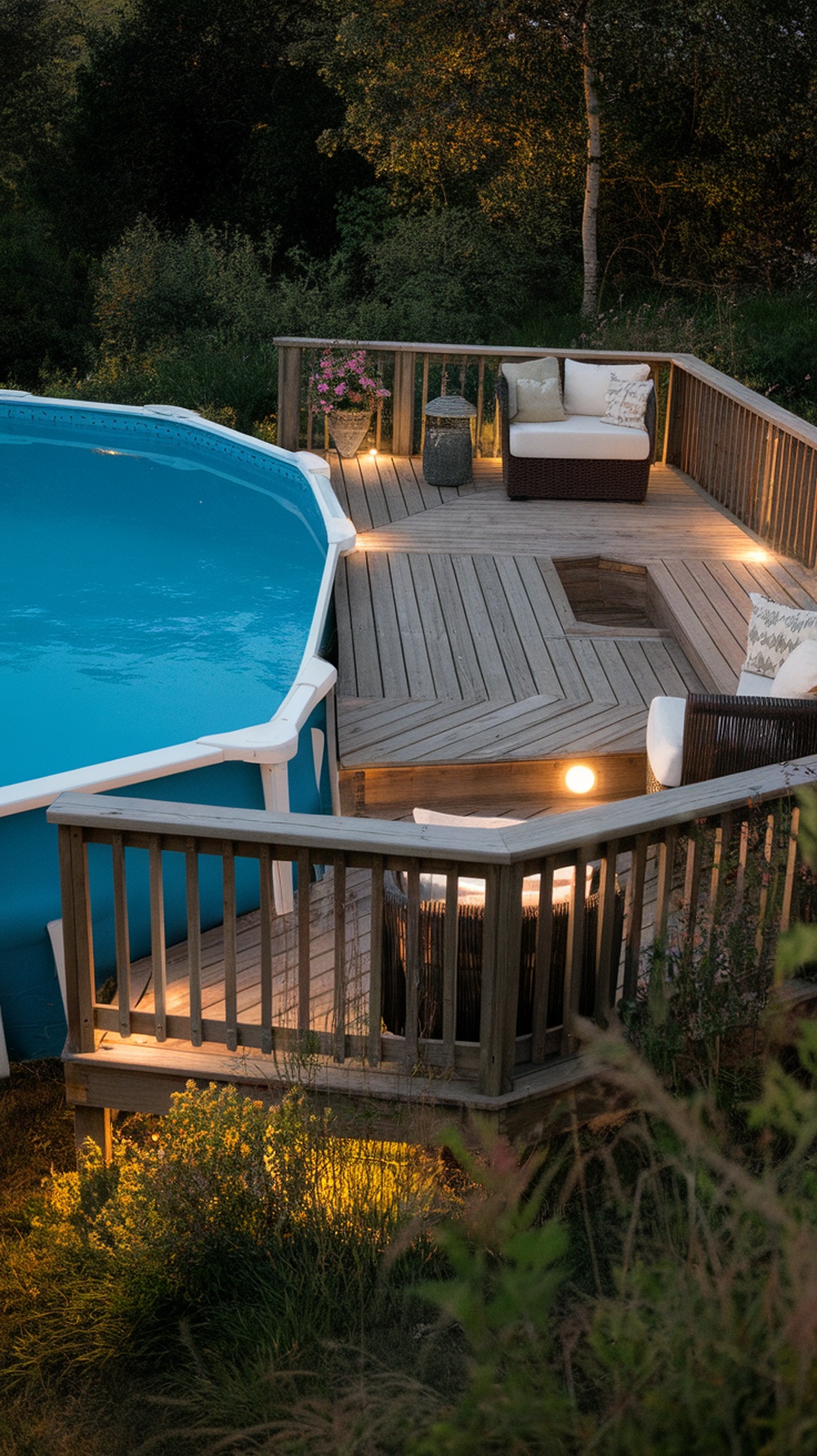 Cozy decking around an above-ground pool with ambient lighting and comfortable seating.