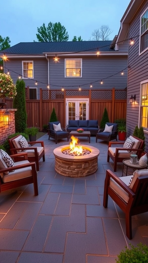Cozy outdoor fire pit area with seating and string lights