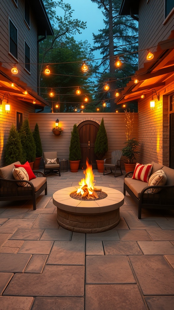A cozy fire pit corner with seating and string lights in a small outdoor patio.